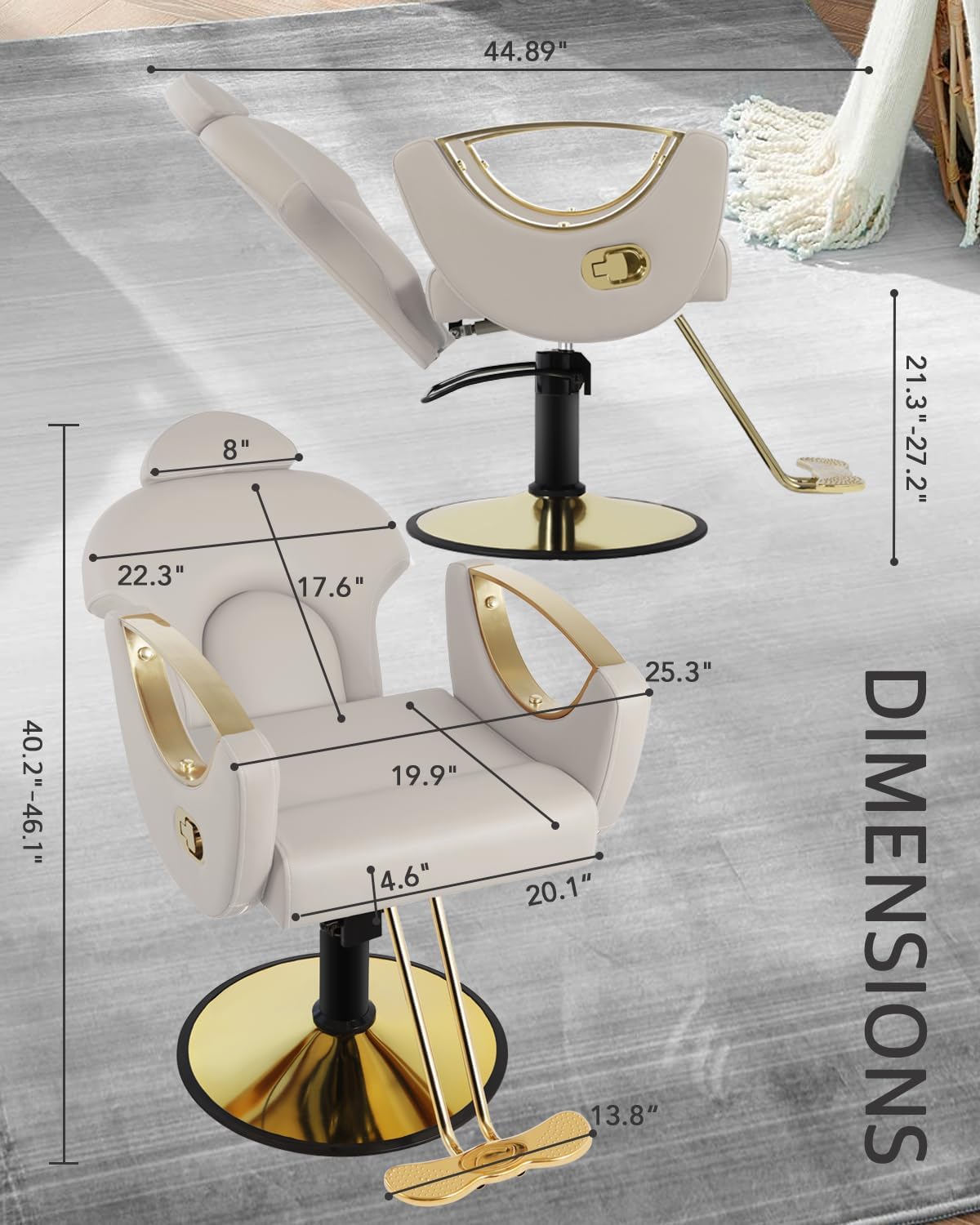 Gray Salon Chair for Hair Stylist, Reclining Barber Chair with Heavy Duty Hydraulic Pump, Hair Salon Chairs Tattoo Braiding Hairdresser Haircutting Beauty Spa Equipment, Elegant Gray Gold