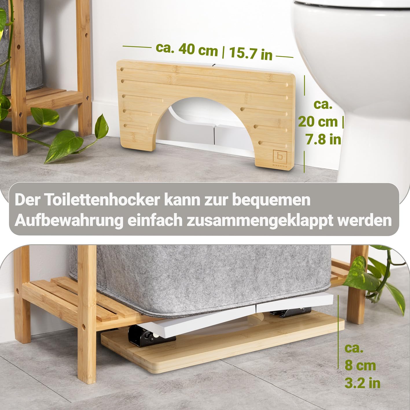 BENKSTEIN Toilettenhocker Erwachsene - Holz - Klohocker - Toilette Bambus - Tritthocker - klappbar - WC Hocker