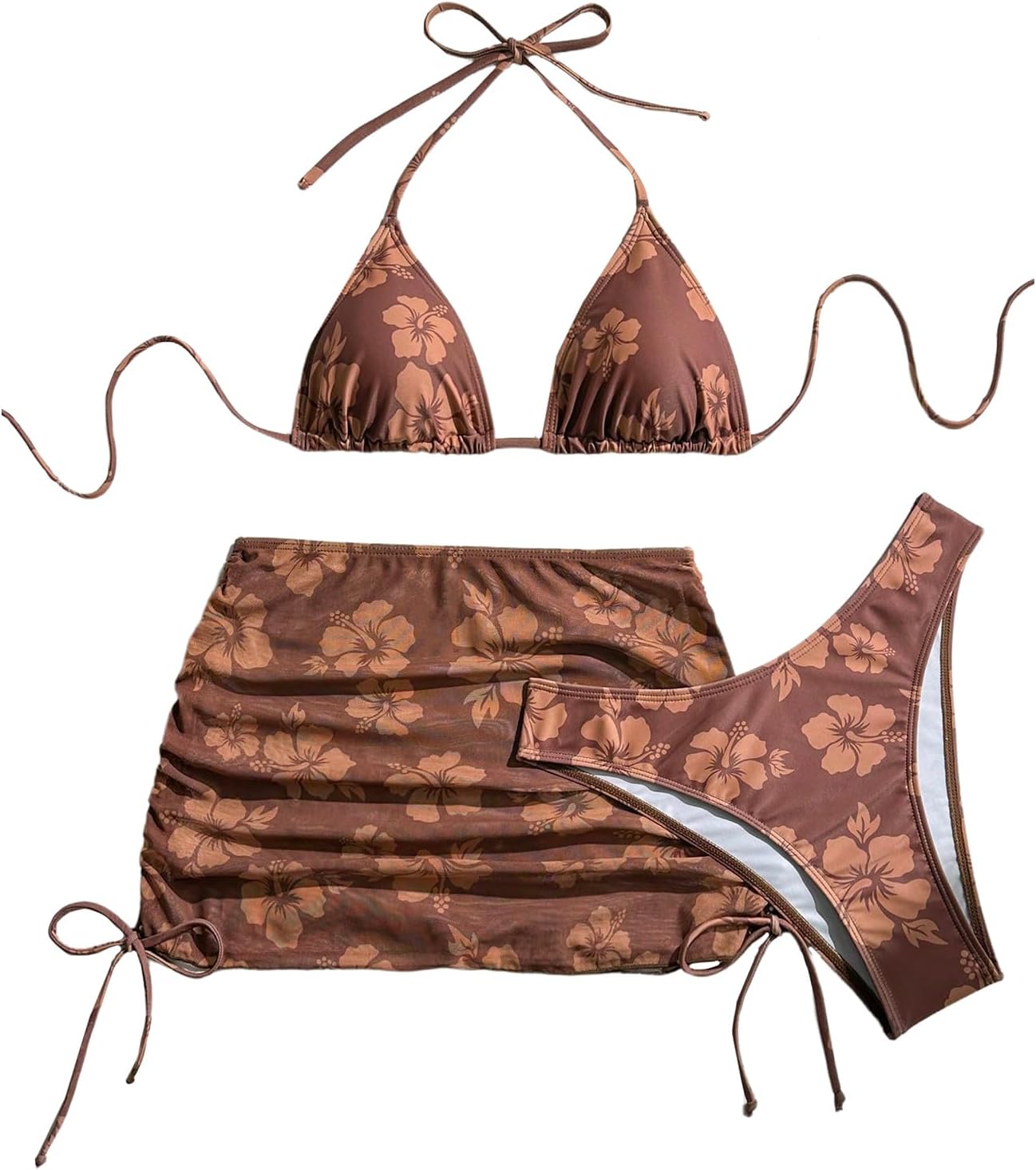 Women's 3 Piece Bikini Sets Floral Triangle Thong Bikini High Cut Swimsuit String Bathing Suit with Cover Up Skirt