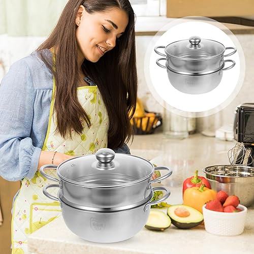 Miniatura 2 de Olla de vapor de acero inoxidable de 2 niveles, olla de vapor de 10 pulgadas con tapa y asa, utensilios de cocina multiusos para verduras,
