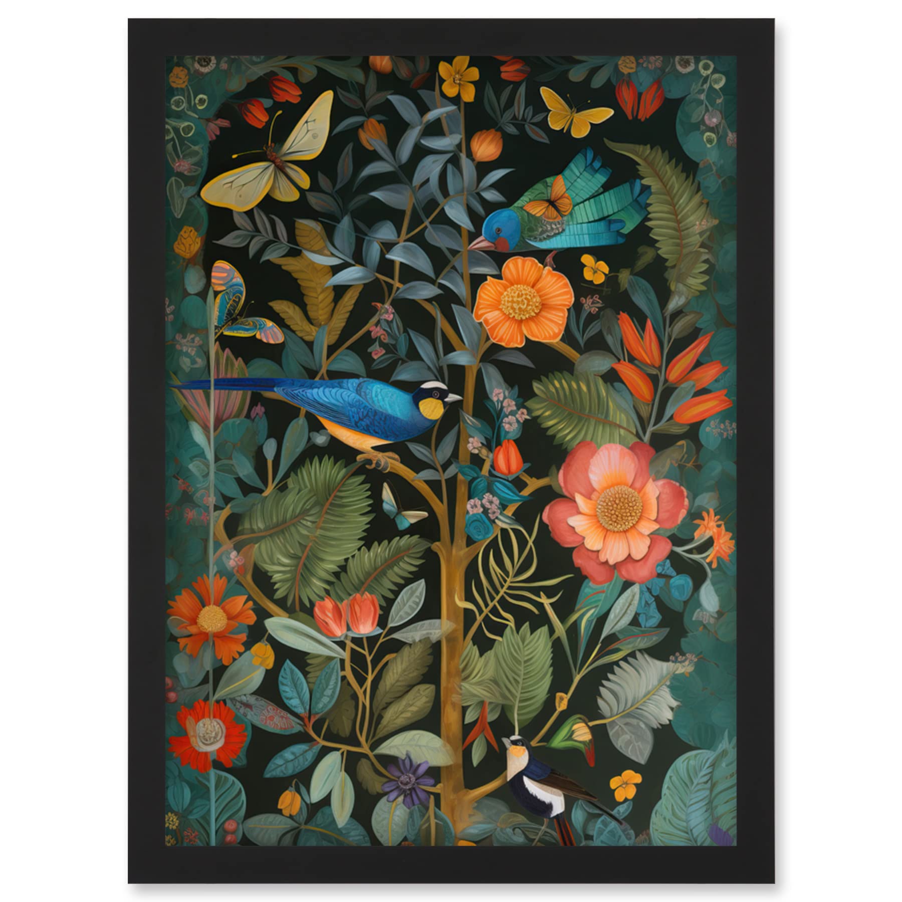 Artery8 Birds and Butterflies Modern Flower Art Nouveau Artwork Framed Wall Art Print A4