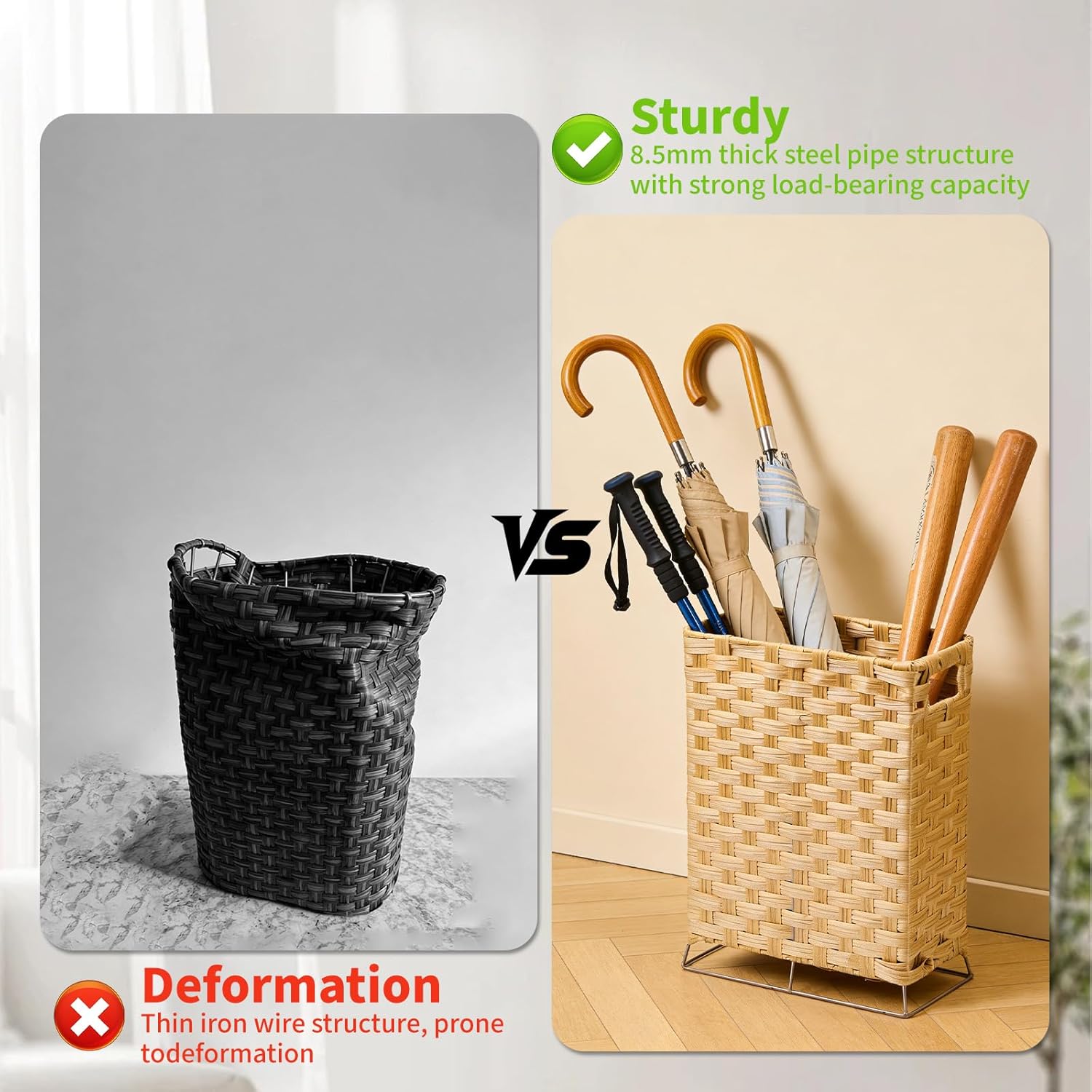 Rattan Umbrella Stand with Built-in Water Reservoir & Hooks, Hand Woven Umbrella Rack Organizer Freestanding - Stable, High-Capacity Organizer for Home and Office - 11.8" L x 5.5" W x 16.5" H