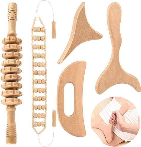 Herramientas de masaje de terapia de madera 5 en 1, masajeador de drenaje linfático para aliviar el dolor muscular, rodillo de masaje de madera para