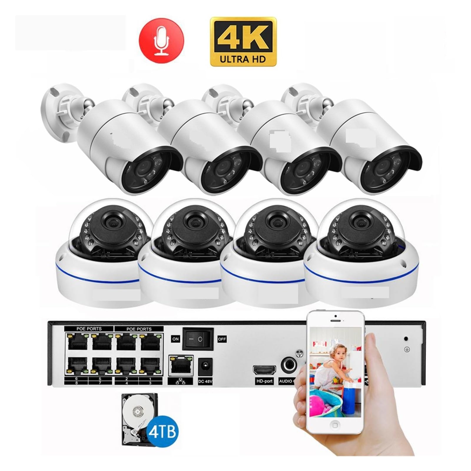 Zestaw Kamer IP 4K Ultra HD 8MP H.265 POE NVR Do Monitoringu Zewnętrznego I Wewnętrznego Z Nagrywaniem Dźwięku Obrazu P2P Wykrywanie Ruchu(None,4CH NVR and 4 Camera)