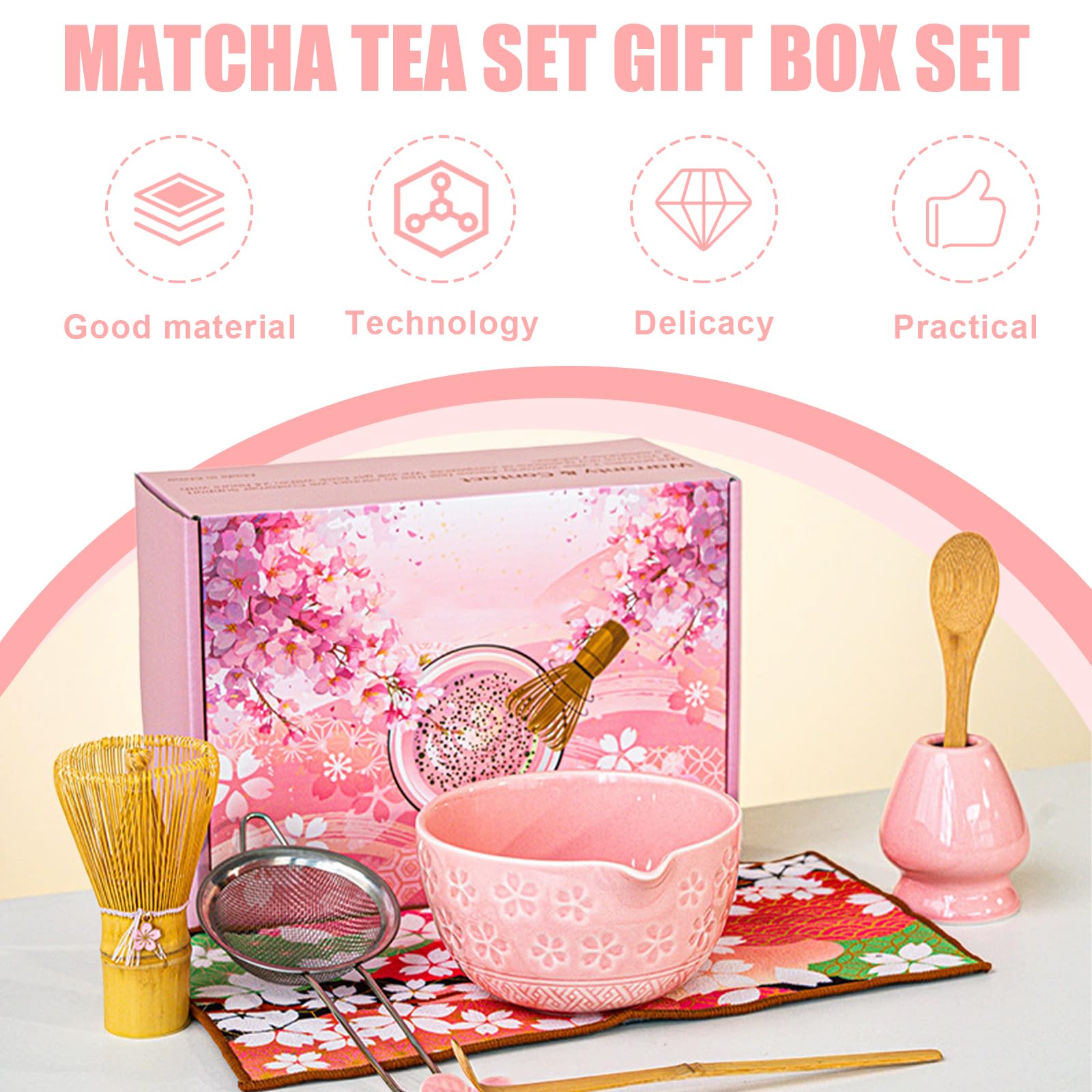 Zestaw 8 sztuk matchy: różowy zestaw matcha z bambusową matchą, sitkiem filtrującym, miską do matchy z wylewką, łyżeczką i podkładką na ręczniki, zestaw do herbaty matcha dla miłośników matchy
