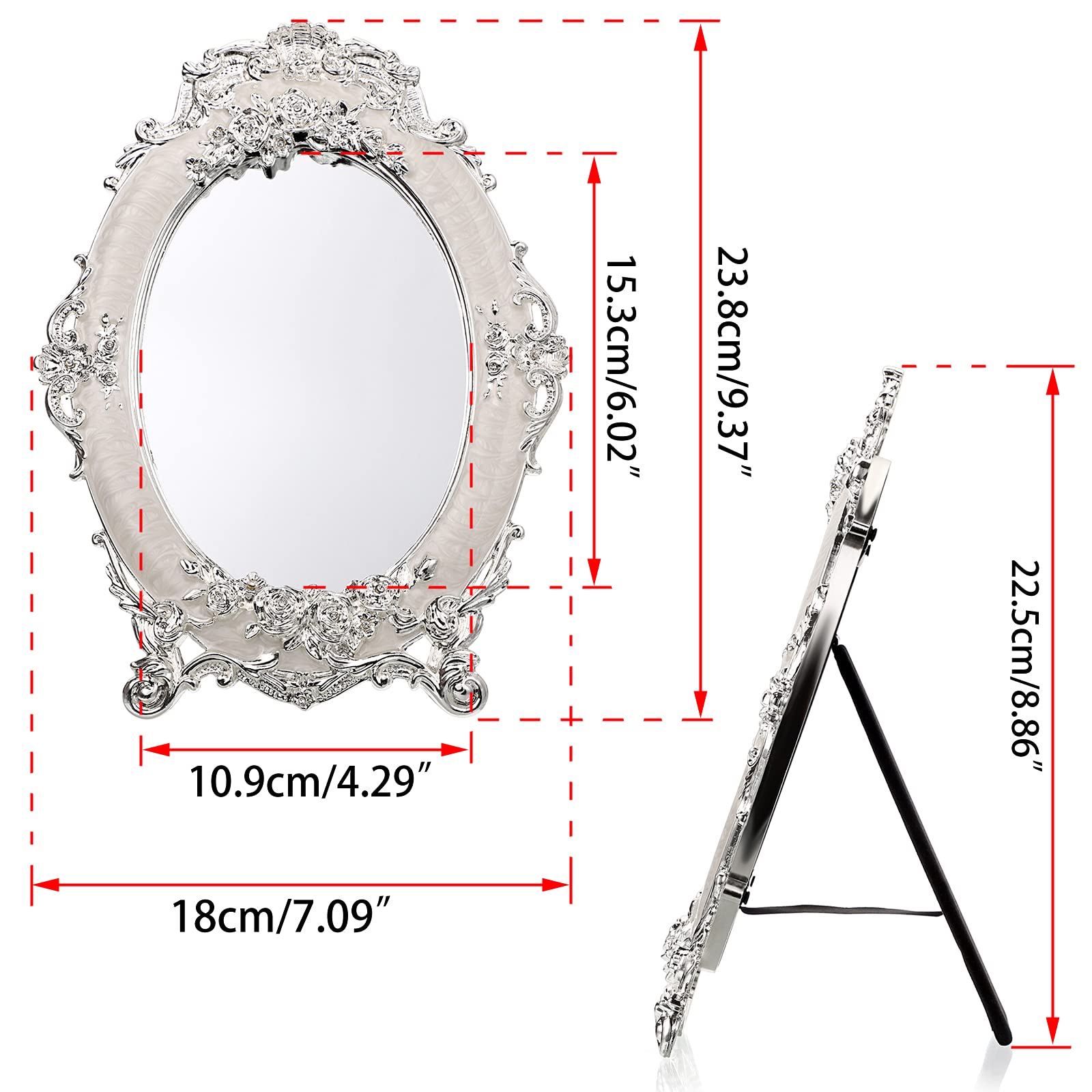 Espejo de tocador pequeño de mesa, espejo de escritorio de metal vintage con soporte, rosas antiguas en relieve, espejo de maquillaje, espejo retro ovalado decorativo para centros de mesa 2