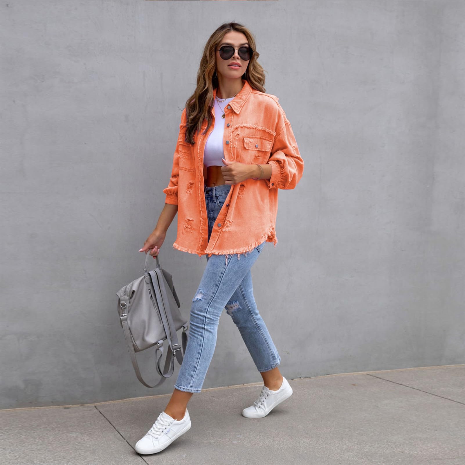 amropi Veste en Jean pour Femmes Chemisier en Denim Léger Blouson Ourlet Effiloché Jacket