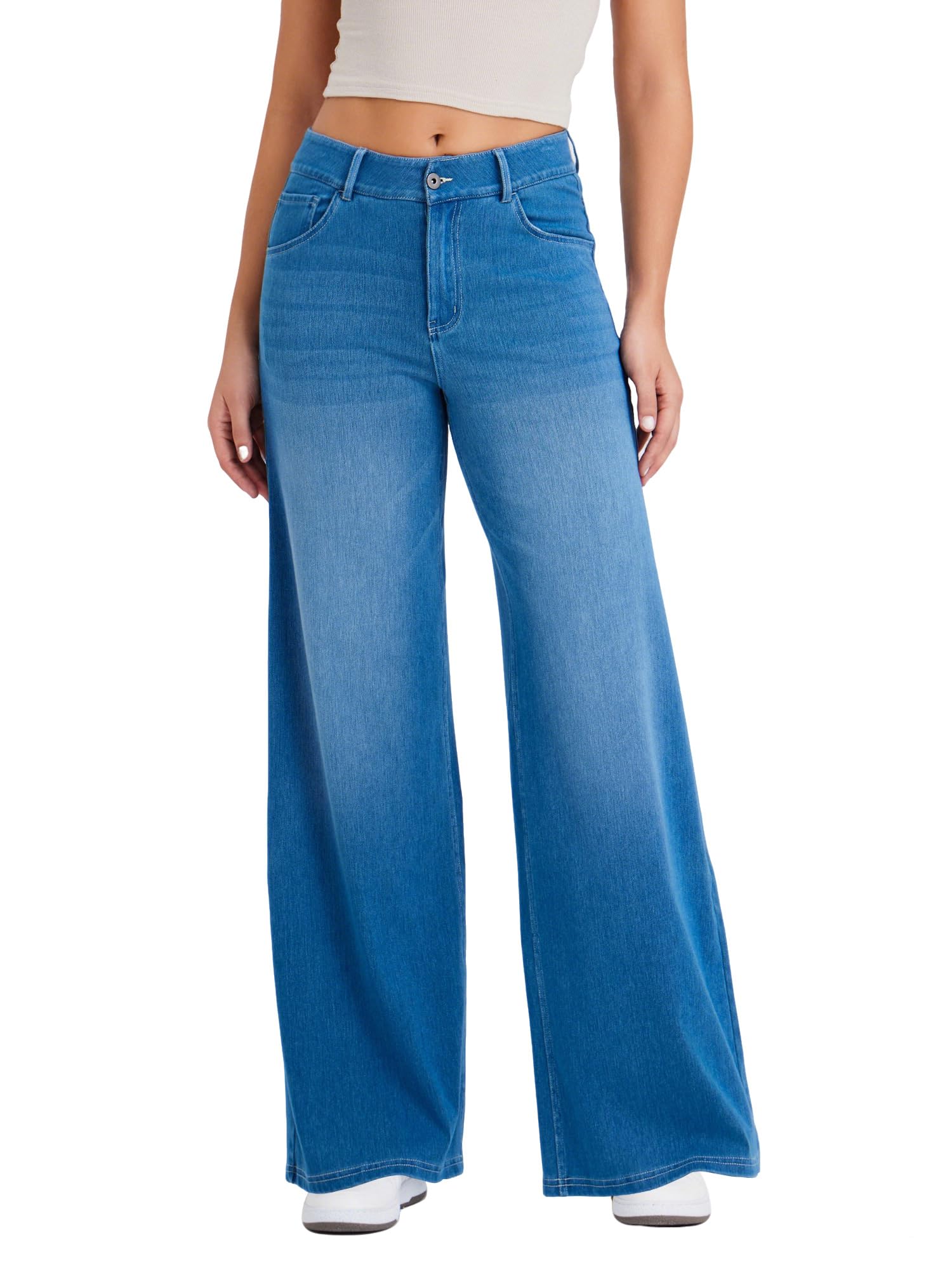 LaiEr Jeans à Jambe Large pour Femmes,avec Design Classique de Devant à Bouton et Fermeture éclair,Coupe Ample,Pantalon en Denim à Haute élasticité adapté