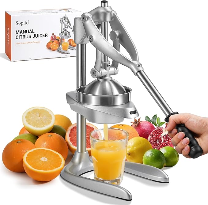Sopito heavy-duty manual countertop juicer with safer handle design and stainless press cup