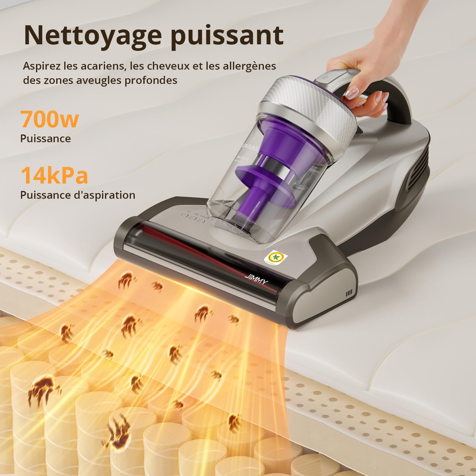 Jimmy JV35 Aspirateur Matelas Anti Acariens 700W avec Stérilisation UV-C, Chauffage à 60℃, Système de Filtration Dual-Cyclonic, Aspirateur pour Matelas, Lit, Tapis, etc.