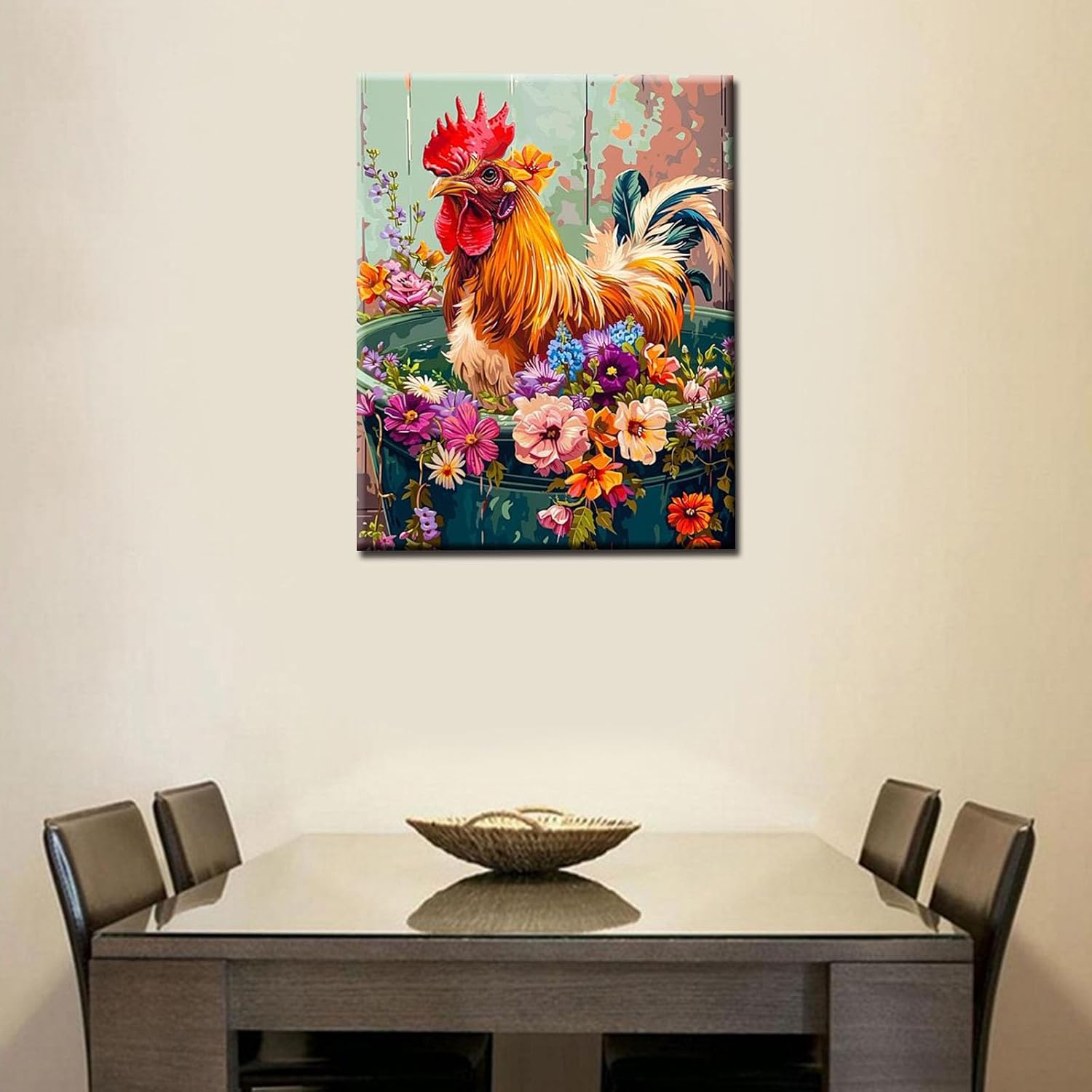 Rooster with Flowers in the Barrel Paint by Number Colorful Cock Farm Rooster Flowers DIY Painting with Brushes Acrylic Paints Paint by Numbers for Adults and Kids Beginner 16x20 Inch（DIY Frame）