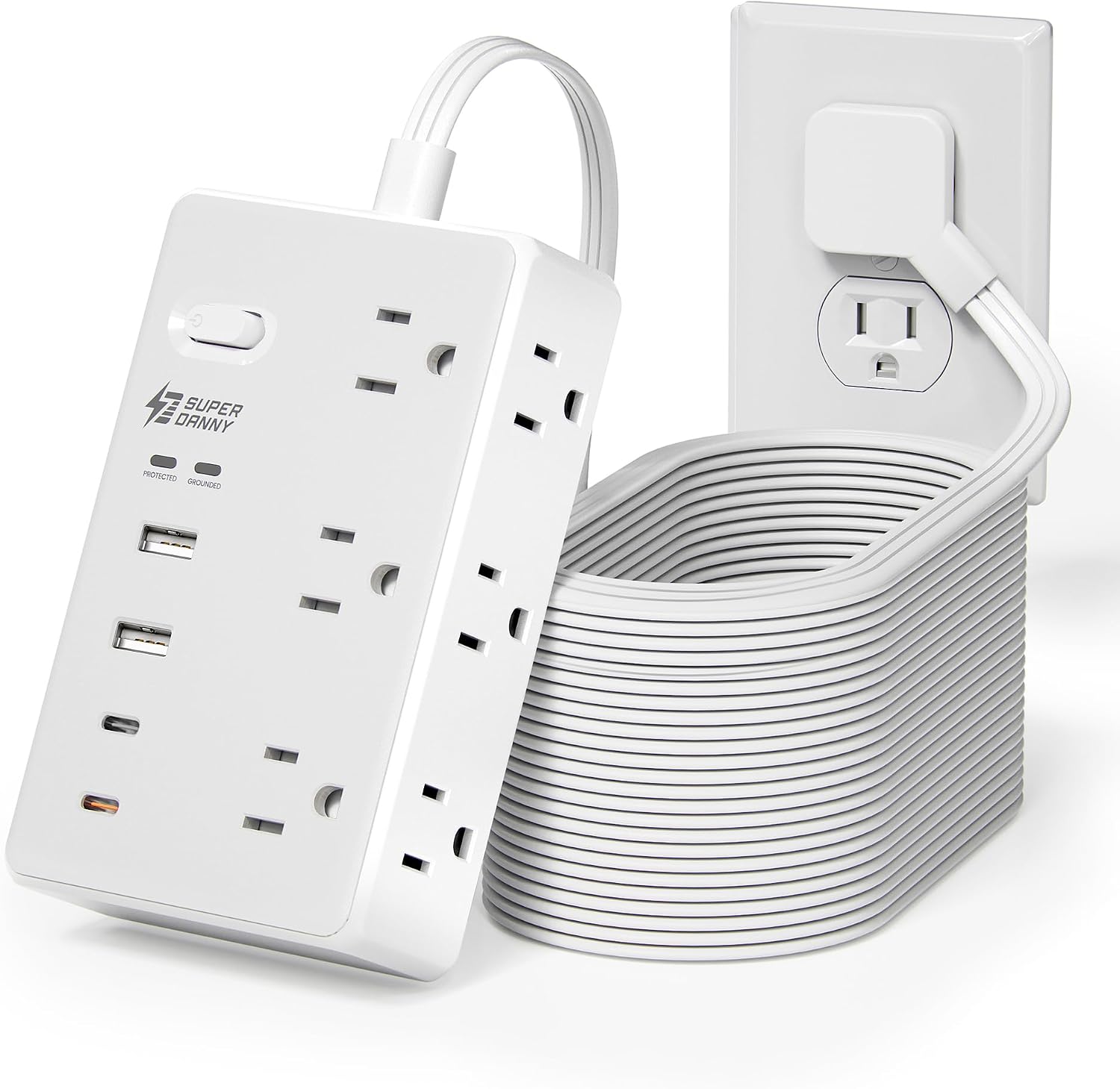 Cable de extensión de 20 pies, protector contra sobretensiones con 10 salidas (6 AC + 4 USB), carga rápida PD20W, enchufe plano, para hogar, oficina y dormitorio miniatura 1