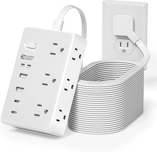20Ft Long Extension Cord, PD20W, 6 outlets, 2A2C, Flat Plug Surge Protector