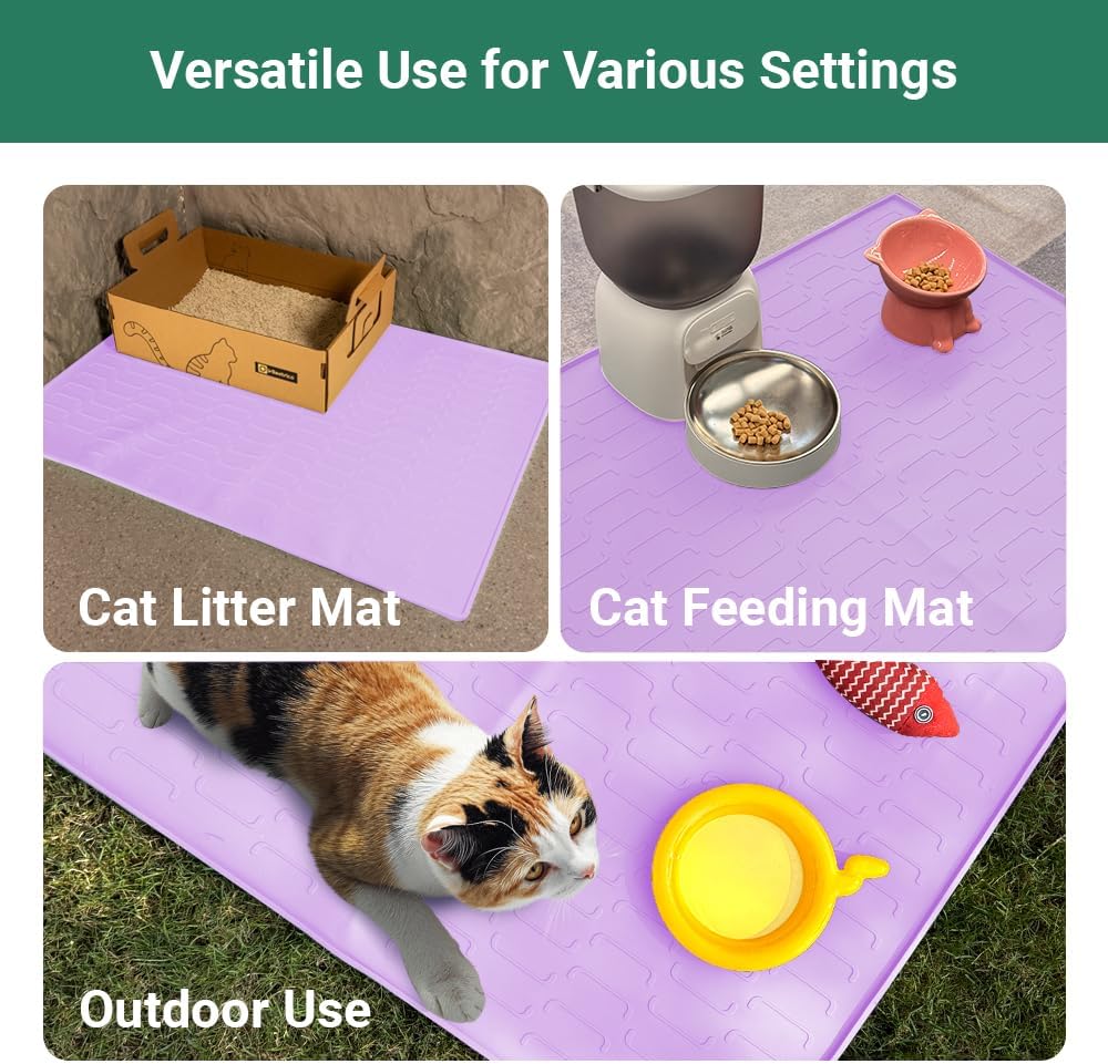 Cat Litter Mat, Large 32'' x 24'' Silicone Litter Box Mat for Litter Trapping, Waterproof, Non-Slip, Easy to Clean, Purple