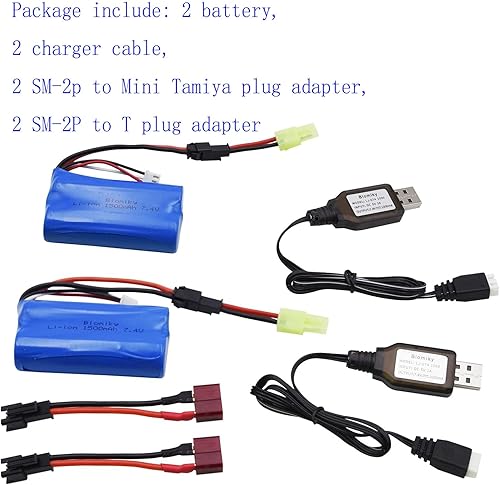 Miniatura 7 de Blomiky Paquete de 2 baterías H101 7.4V 2S 15C 1500mAh con enchufe SM 2P y cable de cargador USB para H105 H103 H101 Control remoto RC Boat H101