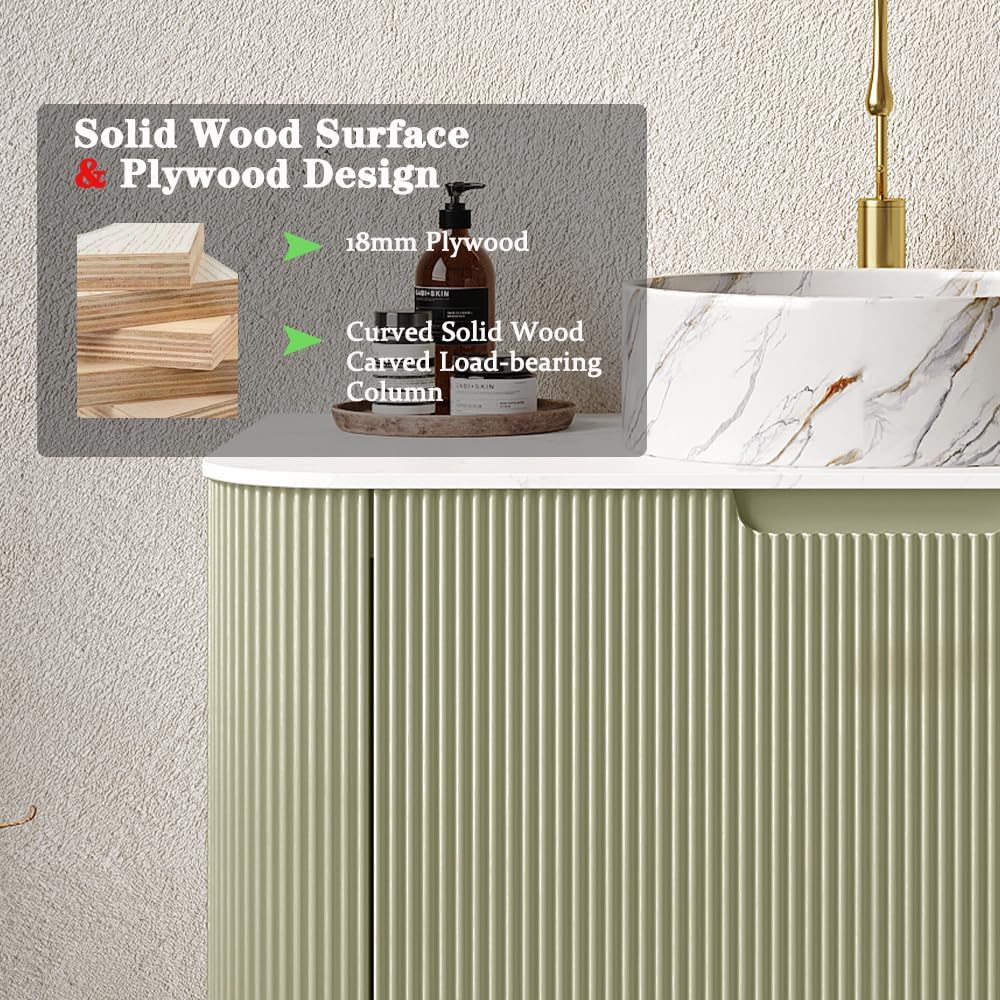30'' Bathroom Vanities Cabinet with Sink Combo, Wall Mounted Floating Cabinet W/Curved Edges Stripes, Oak Plywood, Soft-close System with a Drawer, White Round Ceramic Basin - Kiel, Light Green/S