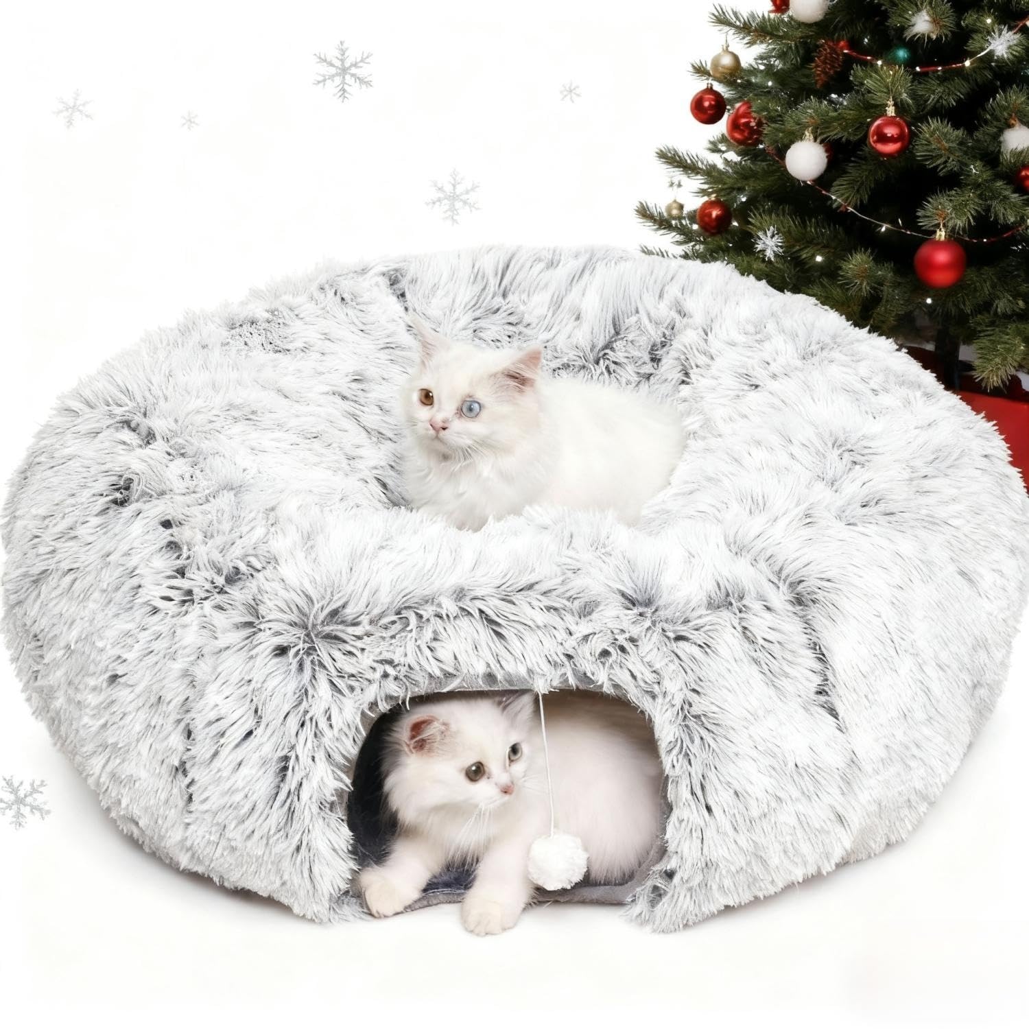Cat Tunnel Bed with Central Washable Cushion, Cat Cave Donut Tunnel with Fluffy Ball, Big Round Tube Pet Playground Toys Soft Plush Peekaboo for Kitten Rabbit Puppies