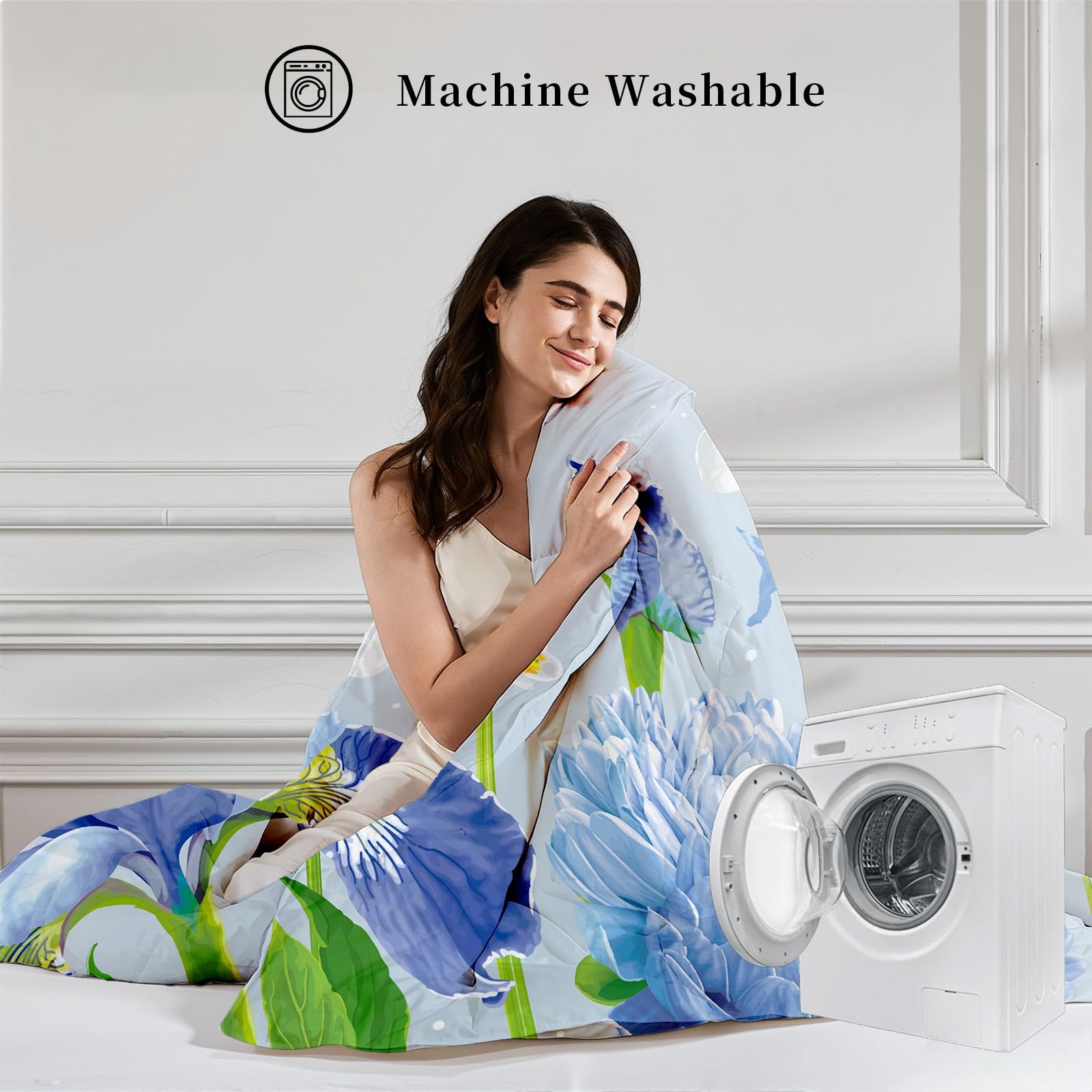 Iris Blumenmuster Bettdecke Ohne Bezug - Pflanzen Blumen Bettdecke 200x220 mit 2 Kissenbezug 80x80 cm - Waschbare Bettdecken Weich für 4 Jahreszeiten Duvet mit Reißverschluss