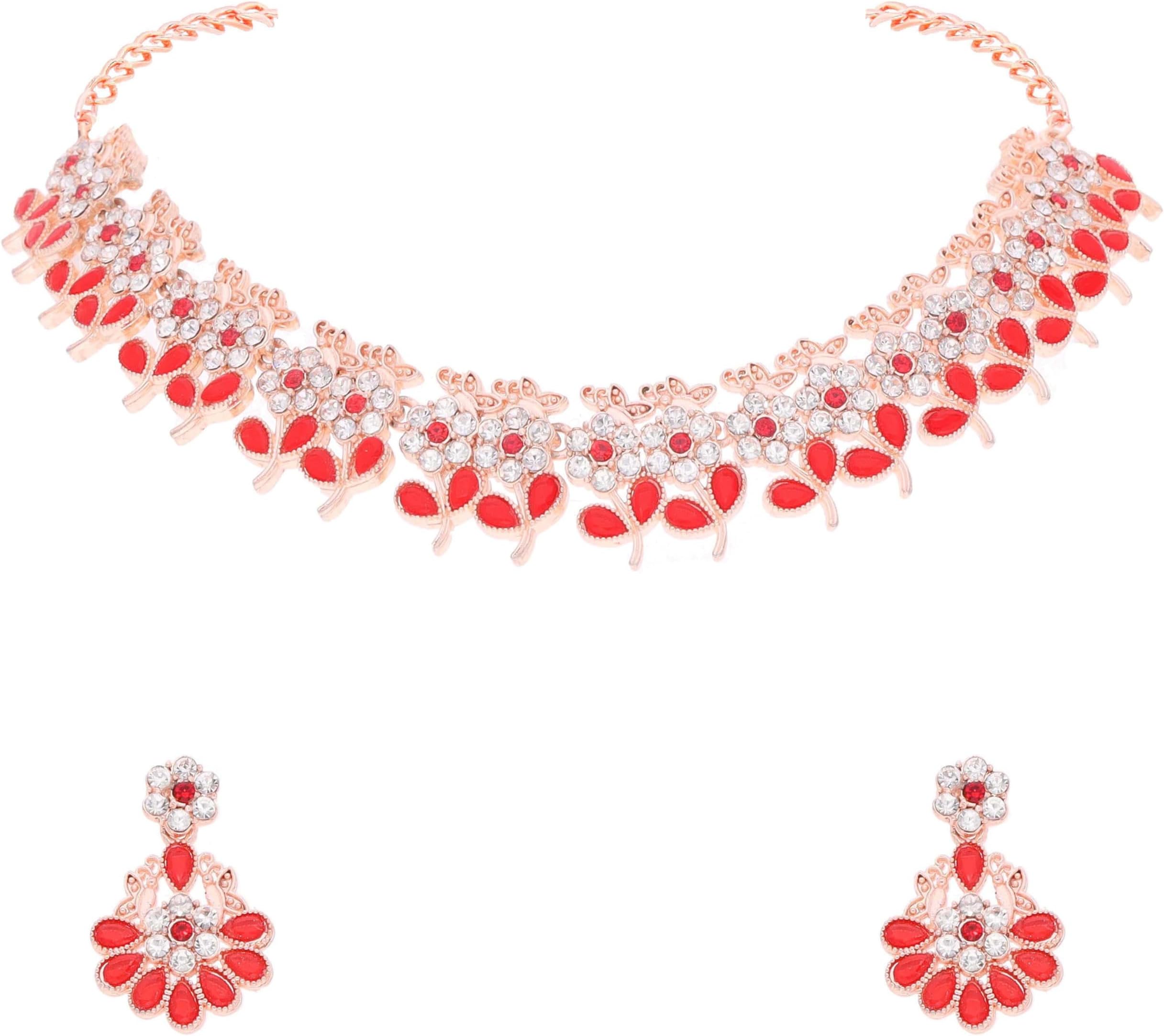 Brado JewelleryRose Gold Polish with Sparkling American Diamond Choker Necklace Jewellery set with Matching Pair of Earring for Women and Girls