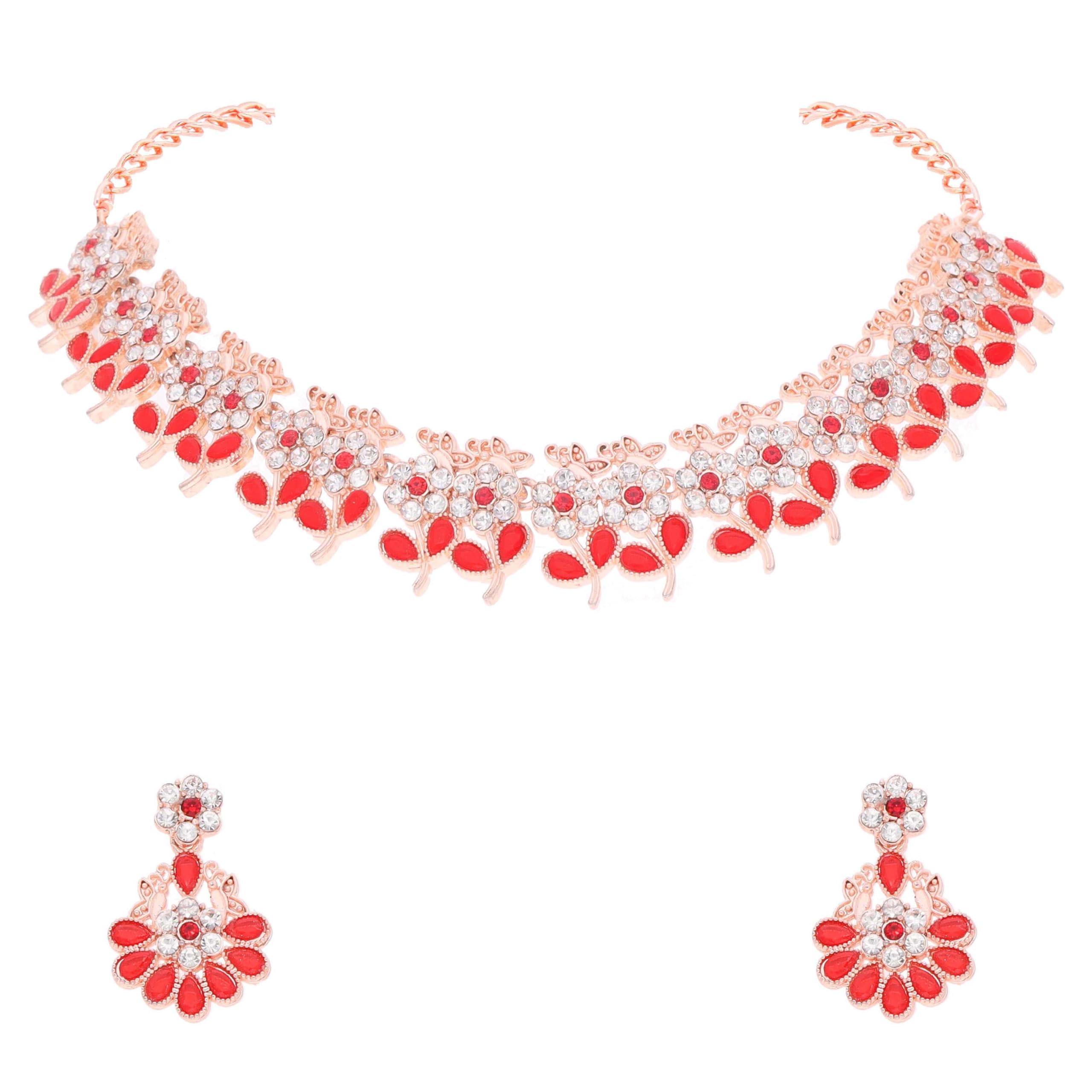 Brado JewelleryRose Gold Polish with Sparkling American Diamond Choker Necklace Jewellery set with Matching Pair of Earring for Women and Girls