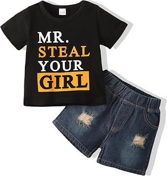 NZRVAWS Baby Boy Clothes Toddler Boy Outfit 2 3 4T 6 12 18 24 Months Spring Summer Letter Printed T Shirt Shorts Ripped Jean
