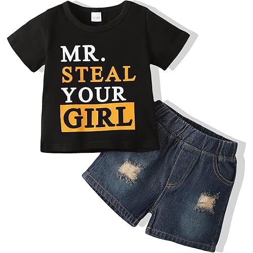 NZRVAWS Baby Boy Clothes Toddler Boy Outfit 2 3 4T 6 12 18 24 Months Spring Summer Letter Printed T Shirt Shorts Ripped Jean