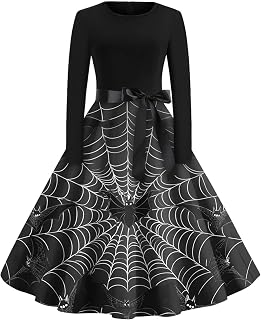 Halloween Dress for Women Plus Size 1950S Vintage Pumpkin Print Cocktail Dresses Vneck Fall Evening Belted Midi Dress