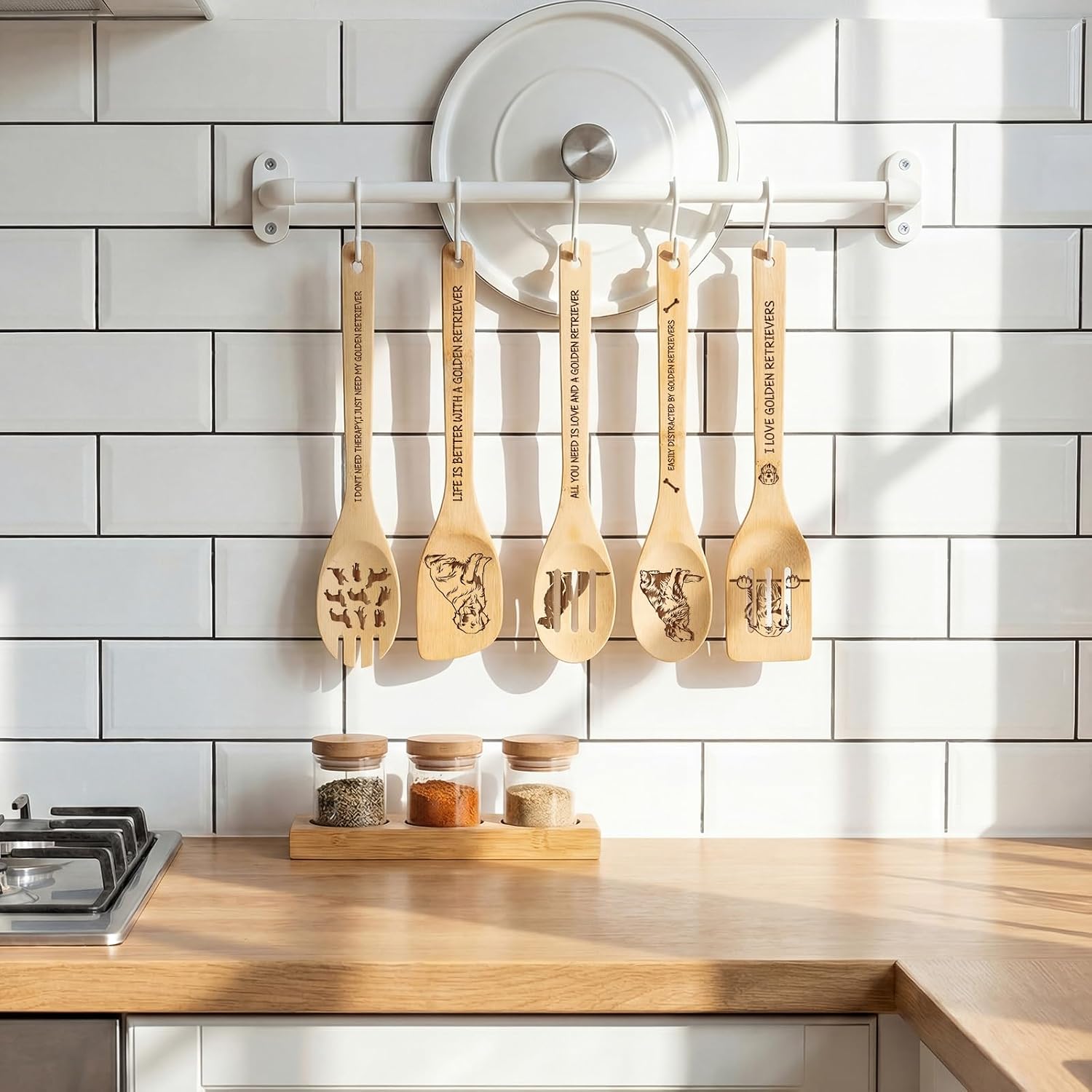 Golden Retriever Gift for Housewarming - 5 PCS Golden Retriever Bamboo Spoon Decor Kitchen Utensils