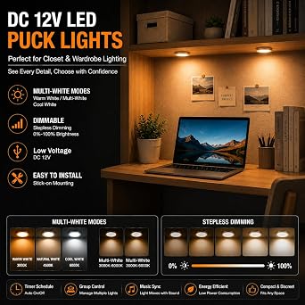 Smart Bluetooth Under Cabinet LED Puck Lights, Dimmable (2, Tunable White)
