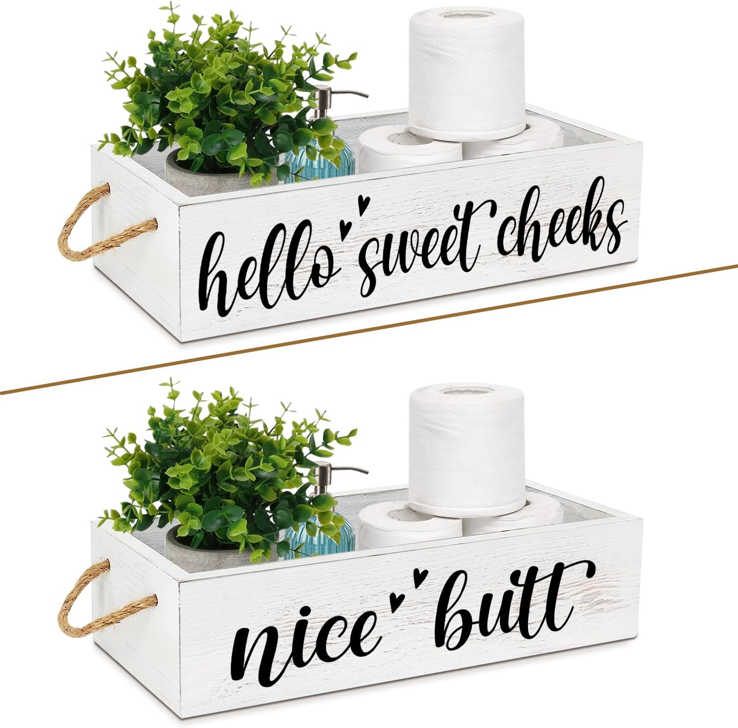 2 Sides Farmhouse Bathroom Decor Box Hello Sweet Cheeks Double Sided Wooden Toilet Paper Holder Tissue Box with Handles,for Toilet Bathroom Signs(White)