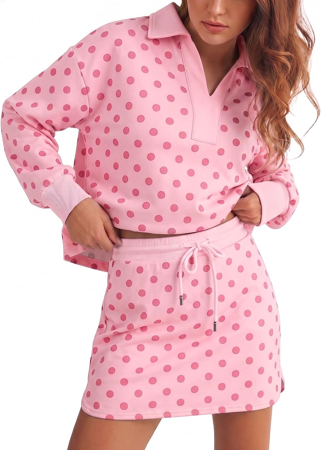Fisoew Womens Polka Dot 2 Piece Outfits Casual Long Sleeve Sweatshirt Skirt Set Workout Skort Set Matching Lounge Sets