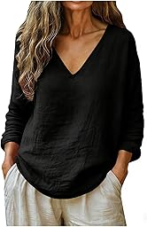 Linen Shirts for Women Long Sleeve V Neck Loose Tops Summer Beach Boho Casual Peasant Blouse