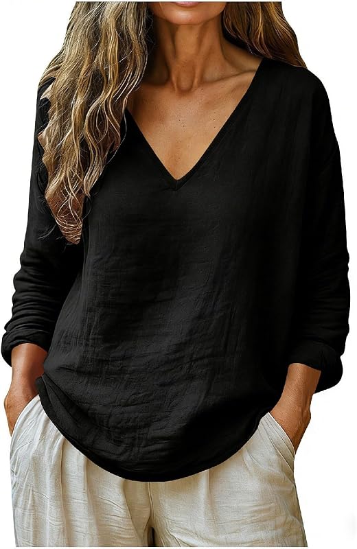 Linen Shirts for Women Long Sleeve V Neck Loose Tops Summer Beach Boho Casual Peasant Blouse