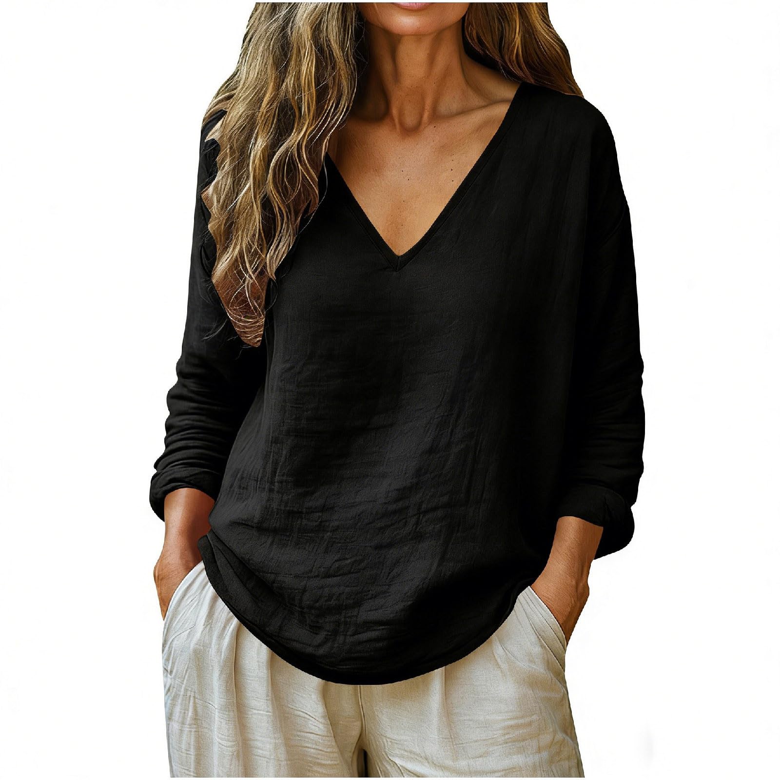 Linen Shirts for Women Long Sleeve V Neck Loose Tops Summer Beach Boho Casual Peasant Blouse