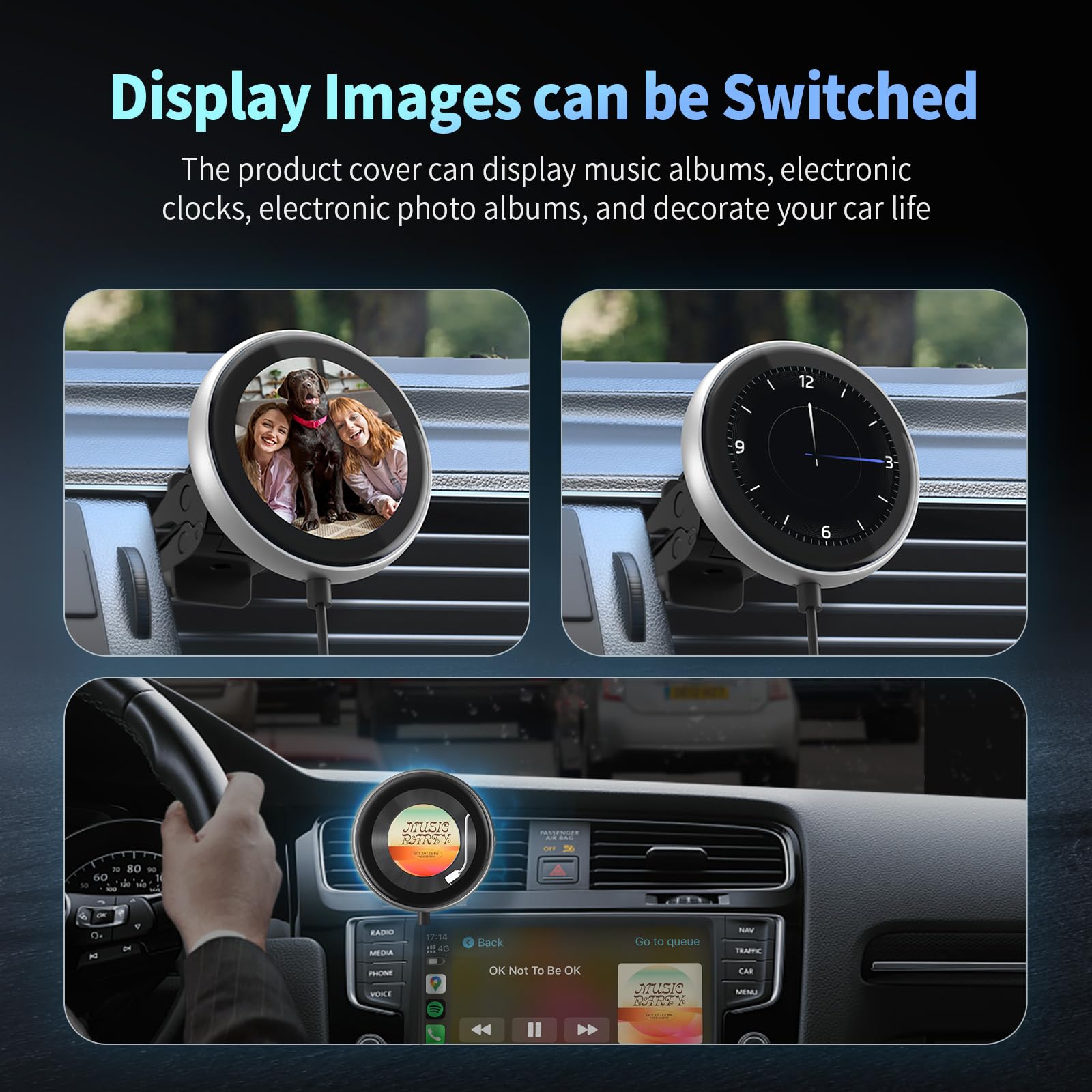 OTTOCAST Adattatore Carplay Wireless Clip, Dongle Wireless CarPlay Plug & Play con Display Elettronico può Mostrare Orologio Immagini Copertina di Album Musicali Compatibile con Auto con Wired CarPlay