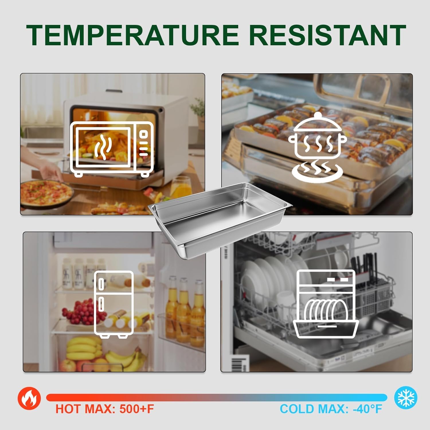 TAIMIKO GN 1/1 - Contenedores gastronométricos de acero inoxidable de 100 mm, 6 unidades, aptos para alimentos y resistentes al calor, para alimentos, tartas, hoteles, cocinas
