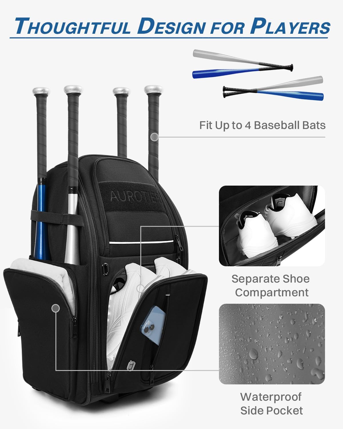 Rolling Baseball Bag with Wheels, Large All-Terrain Wheeled Softball Bag Holds 4 Bats, Water-Resistant Baseball Roller Backpack with Shoe Compartment and Fence Hooks for Players and Coaches
