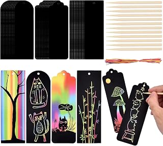 Willingood Scratch Book Markers for Kids, Magic Rainbow Bookmarks Scratch Paper with 30 Ribbons and 12 Sticks for Birthday DIY Gift Tags