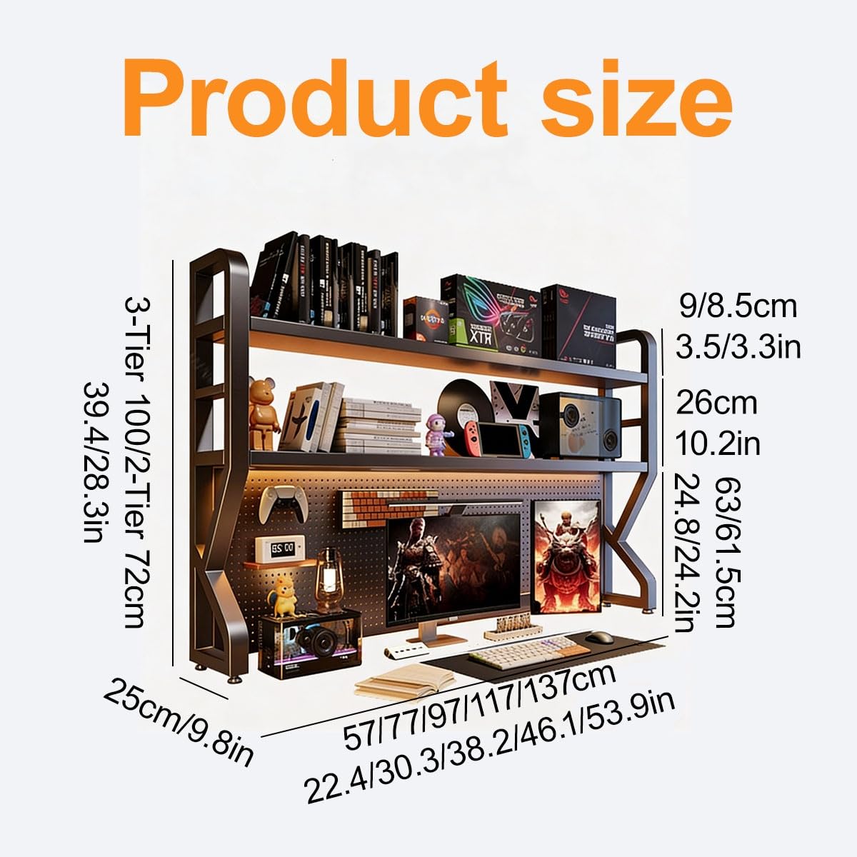 Aufsatzregal, Schreibtischregal aus Metall und Holz mit Lochwand und Zubehör, für Büro, Zuhause, Schule(Black,3-Tier 137cm/53.9in)