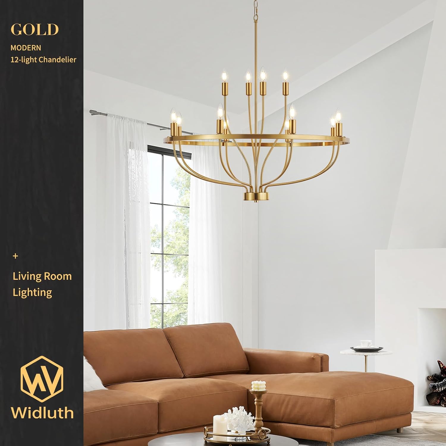 33.5" Modern Gold Chandelier Light Fixture Vintage Mid Century Modern 12-Lights Candle Style Chandeliers Retro Golden Chandelier for Dining Room, Kitchen Island, Living Room, E12