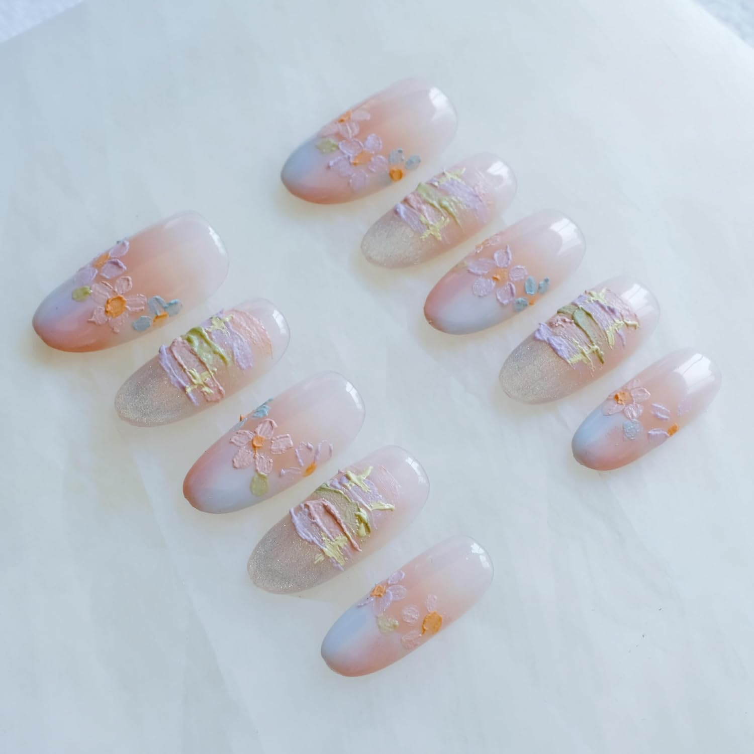 [GLORS] Purly Handmade Almond Press on Nails | Oil Painting Style Flower in White and Nude French Tip Nails, 10 Pieces (Small, Almond)