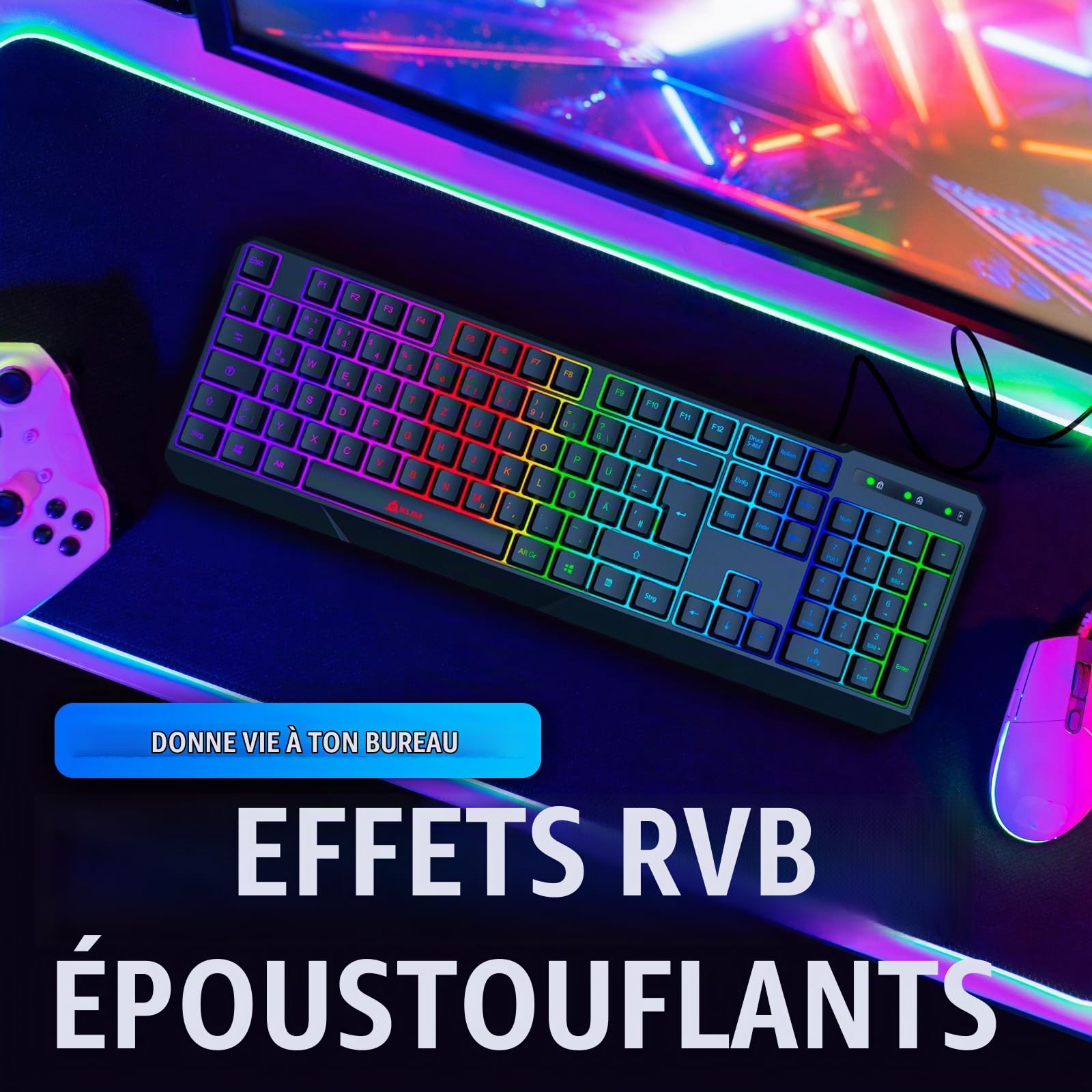 KLIM Chroma Clavier Gamers QWERTZ DEUTSHLAND Filaire USB - Haute Performance - Éclairé chromatique Gaming Noir RGB PC Windows, Mac PS4 [ Nouvelle Version ]