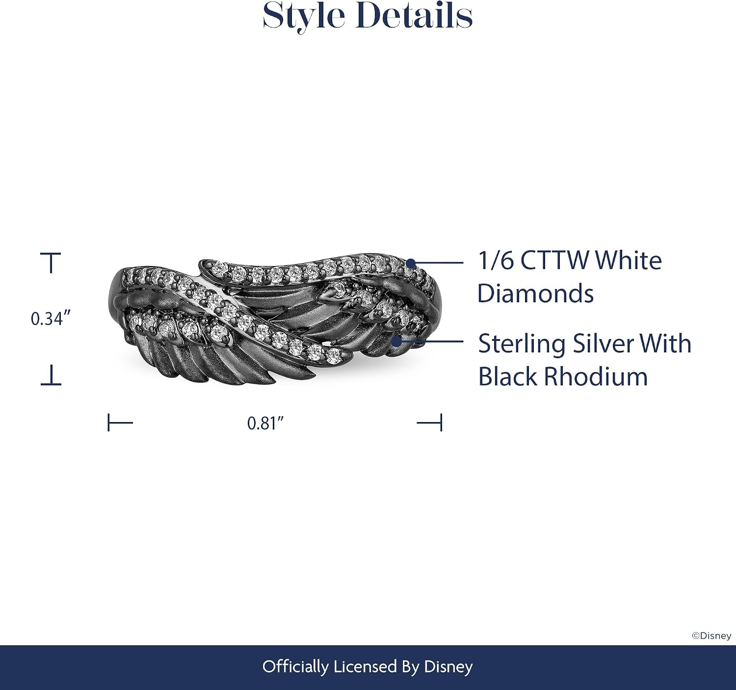 Jewelili Enchanted Disney Fine Jewelry Sterling Silver With Black Rhodium 1/6 Cttw Diamond Maleficent Wings Ring