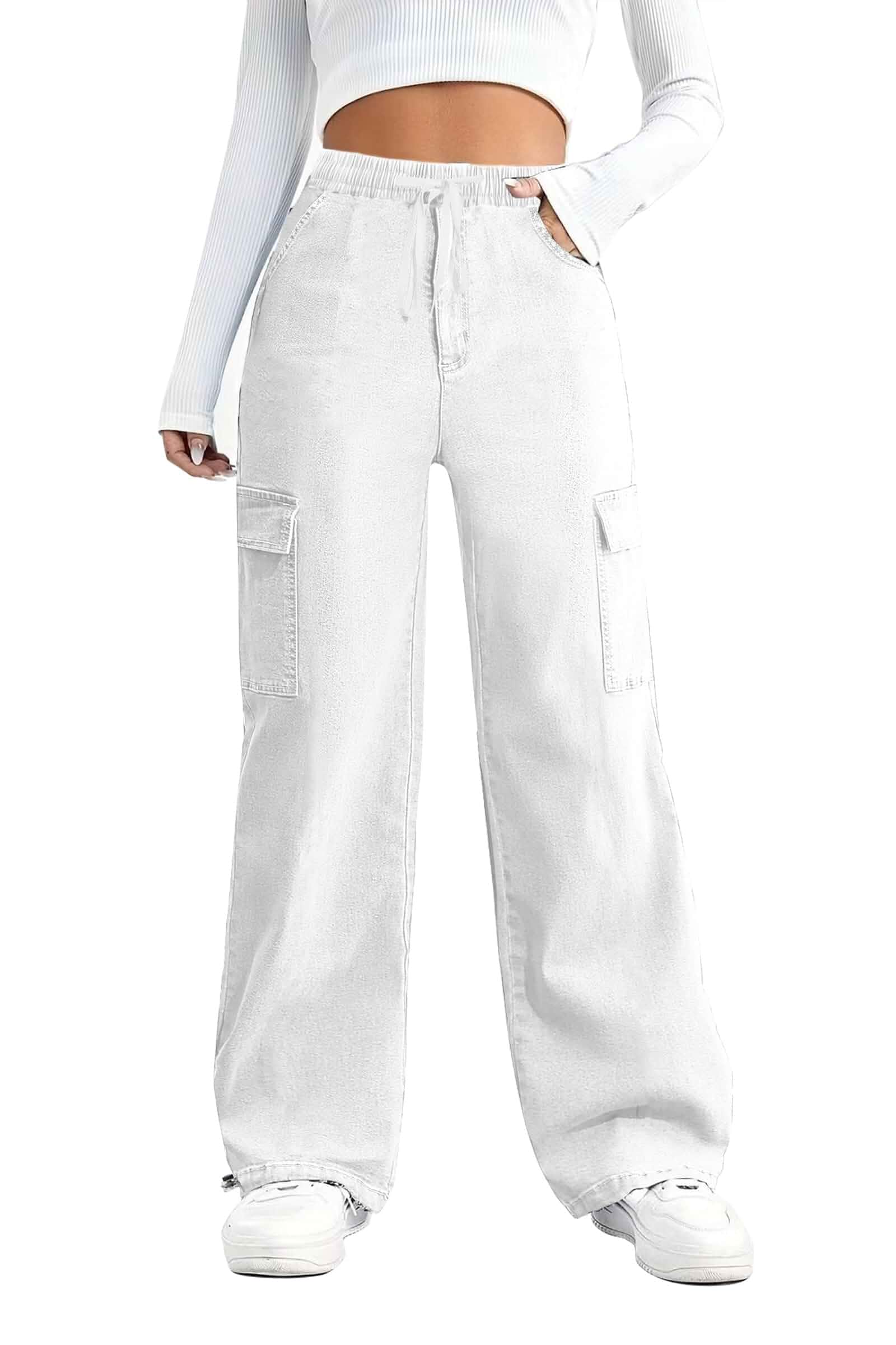 SESERAGI Womens Wide Leg Cargo Jeans Stretchy Baggy Parachute Denim Pants Elastic Waist Drawstring Casual Trousers Streetwear Straight Leg