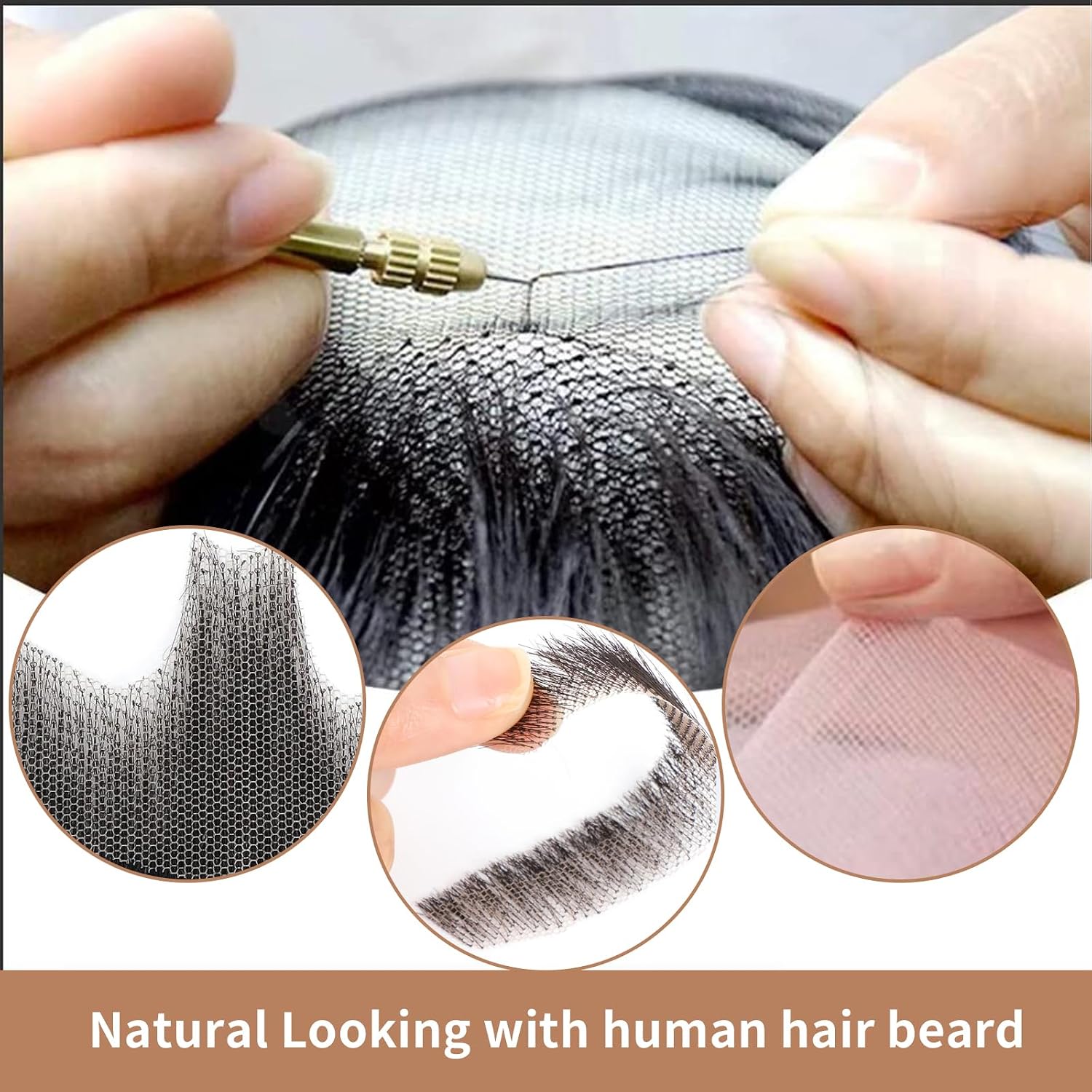 CLIONE Fake Beard Costume Facial Hair 100% Human Hair Realistic Beard Fake Goatee Mustache with Invisible Lace and Adhesive Full Hand Tied Lace Fake Mustache for Parties Halloween Funny Cosplay