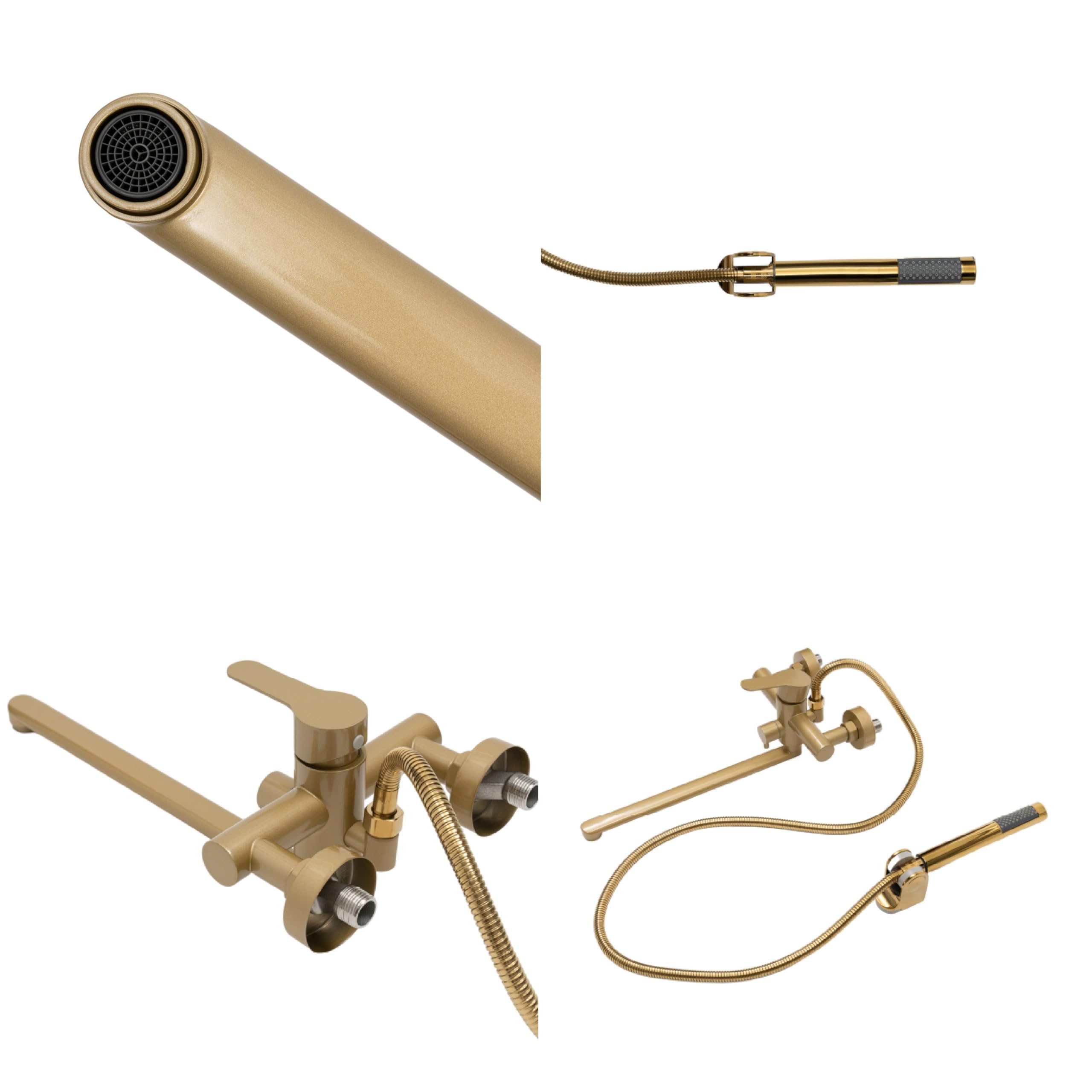 Grifo de bañera giratorio 360°, montaje en pared, de acero inoxidable, color dorado, monomando para bañera, montaje en superficie con ducha de mano y soporte de pared, grifo de ducha, grifo de bañera