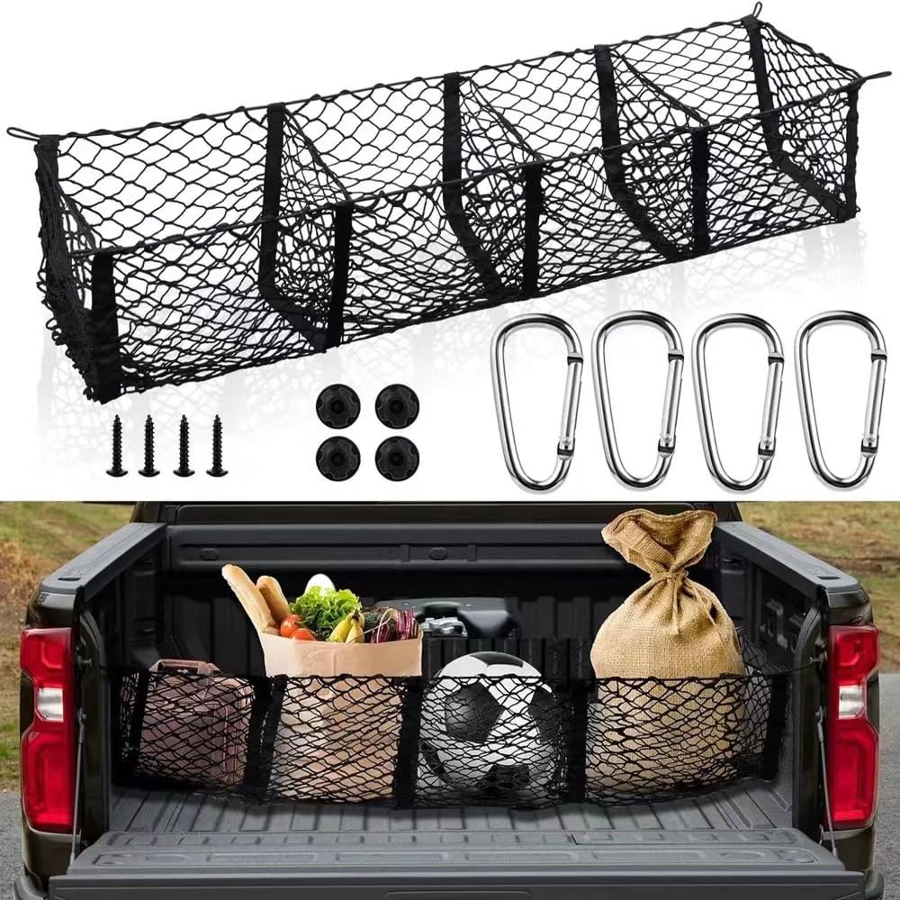 Generic Expandable 4 Pocket Heavy-Duty Cargo Net Organizer with 4 Metal Buckles, 120 x 30cm, Black, Polyester, Universal Fit for Car, SUV, Pickup Truck