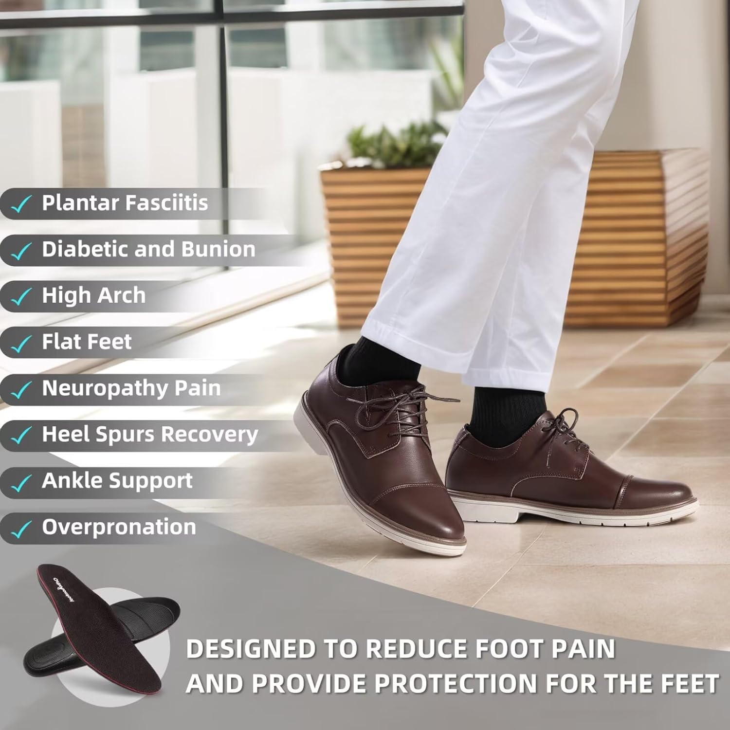 Orthopedic Business Leather Dress Shoes - Arch Support Formal Wingtip Oxford Patent Shoe for Men- Plantar Fasciitis Cap Toe Comfortable Lace Up Oxfords for Tuxedo for Foot Pain Relief - Image 2