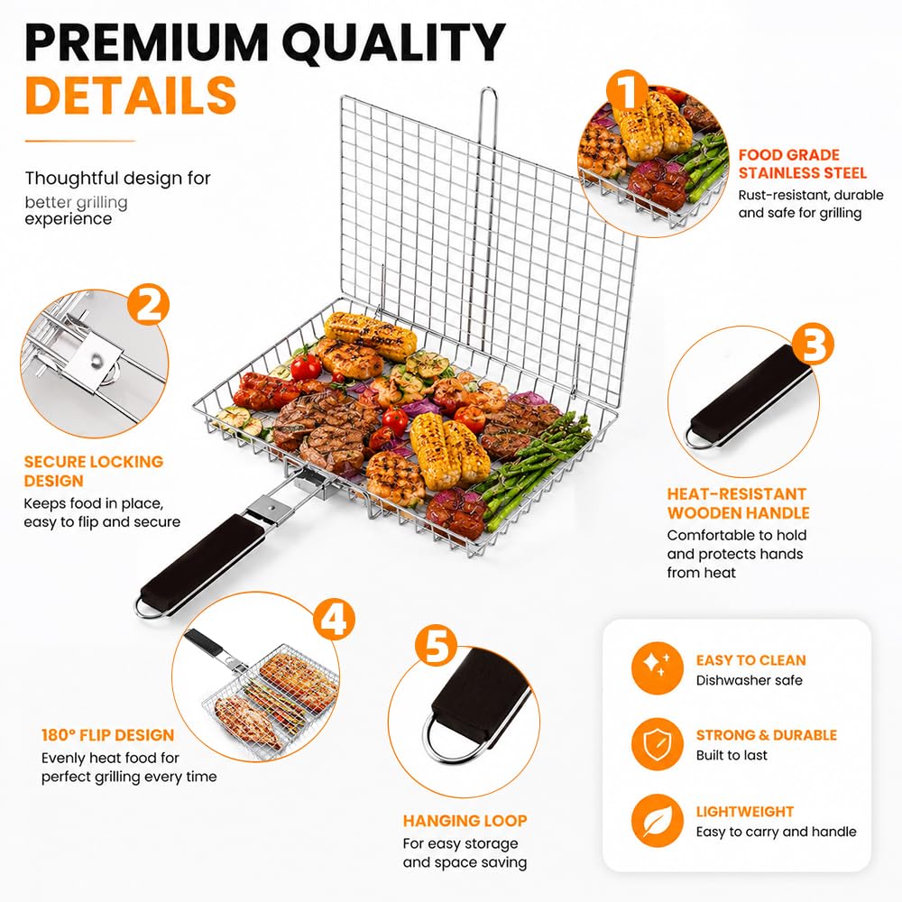 2 cestelli per barbecue, grandi e pieghevoli, in acciaio inox, con manico | Cestino per barbecue per verdure, portatile, con manico rimovibile, di alta qualità, per carne, pesce, verdure, ecc