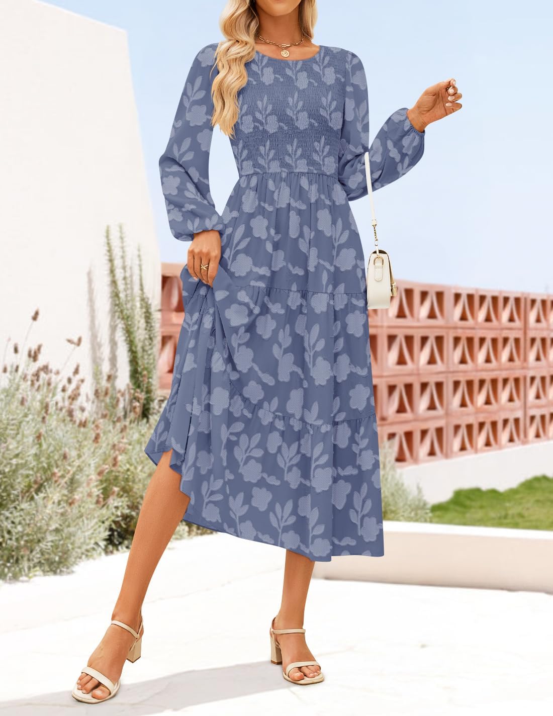 ZESICA Women's Fall Boho Floral Midi Dress 2026 Casual Long Sleeve Crewneck Flowy Wedding Guest Long Dresses - Image 2